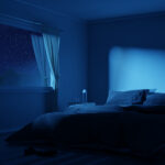 不眠(睡眠障害)「入眠困難」「中途覚醒」「早朝覚醒」「浅眠・断眠」 3d rendering of bedroom with cozy low bed at night